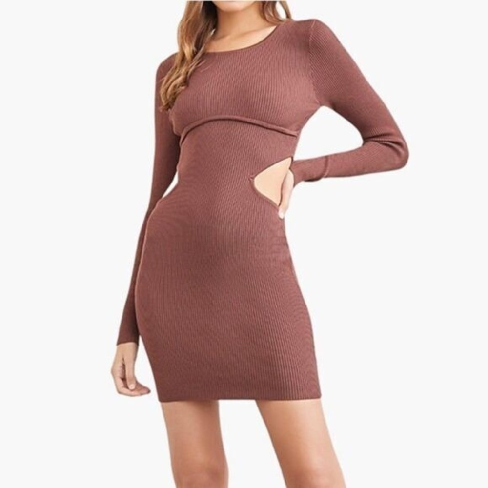 Forever 21 Ribbed Cutout Mini Dress Medium Brown Long Sleeve Open Back Sexy